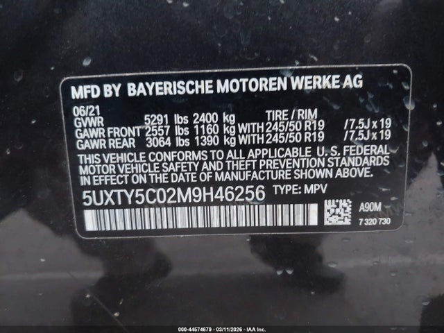 44574679 :رقم المزاد ، 5UXTY5C02M9H46256 vin ، 2021 Bmw X3 Xdrive30i مزاد بيع