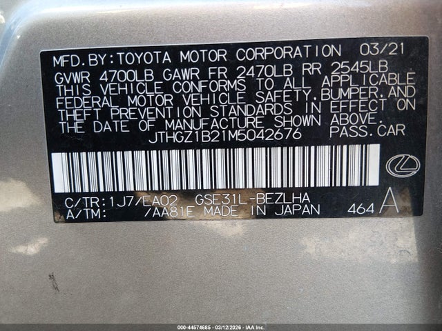2021 Lexus Is 350 F Sport მანქანა იყიდება აუქციონზე, vin: JTHGZ1B21M5042676, აუქციონის ნომერი: 44574685
