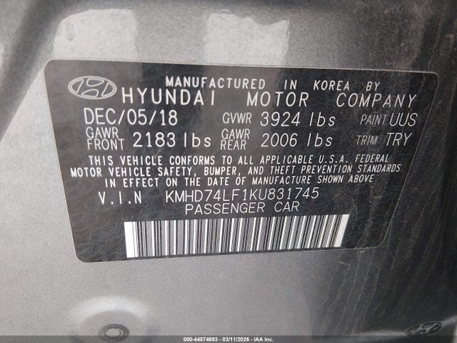 Продаж на аукціоні авто 2019 Hyundai Elantra Se, vin: KMHD74LF1KU831745, номер лоту: 44574693