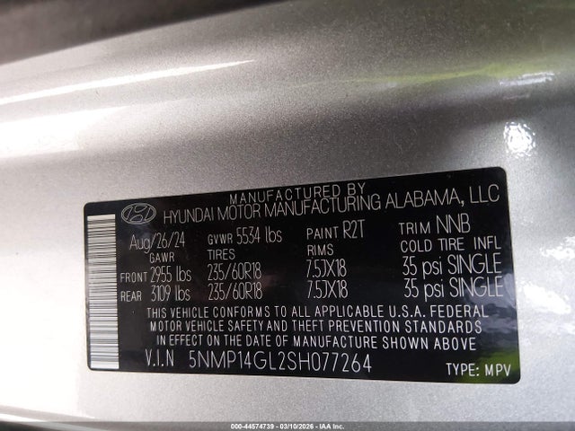 Aukcja sprzedaży 2025 Hyundai Santa Fe Se, vin: 5NMP14GL2SH077264, numer aukcji: 44574739
