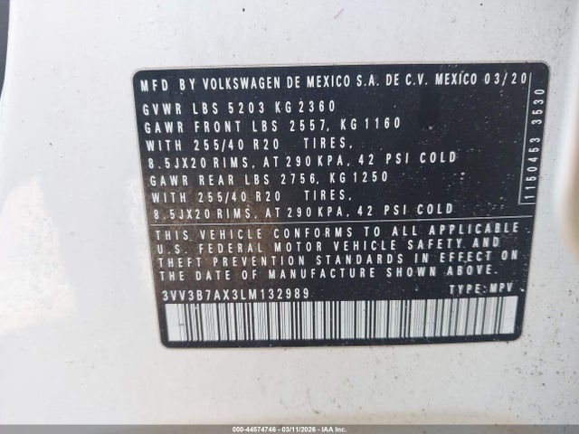 2020 Volkswagen Tiguan 2.0t Se/2.0t Se R-line Black/2.0t Sel მანქანა იყიდება აუქციონზე, vin: 3VV3B7AX3LM132989, აუქციონის ნომერი: 44574746