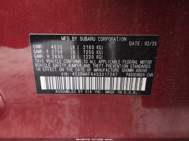 Продаж на аукціоні авто 2025 Subaru Legacy Premium, vin: 4S3BWAF64S3017247, номер лоту: 44574753
