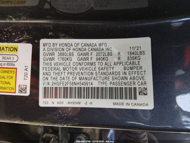 Продаж на аукціоні авто 2022 Honda Civic Sport, vin: 2HGFE2F58NH549914, номер лоту: 44574766