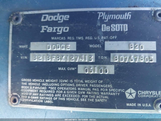 44574813 :رقم المزاد ، B21BF8X127413 vin ، 1978 Dodge Tradesman مزاد بيع