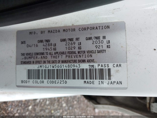 44574821 :رقم المزاد ، JM1GJ1W56G1480943 vin ، 2016 Mazda Mazda6 I Grand Touring مزاد بيع