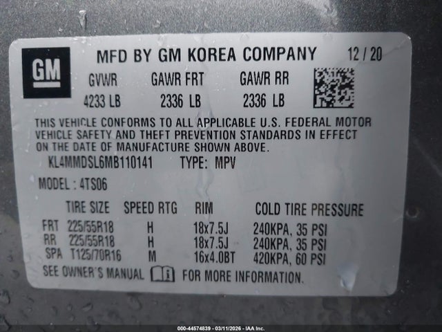 44574839 :رقم المزاد ، KL4MMDSL6MB110141 vin ، 2021 Buick Encore Gx Fwd Select مزاد بيع