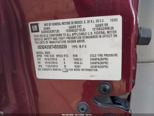 44574856 :رقم المزاد ، 3G5DA03E74S535239 vin ، 2004 Buick Rendezvous Cx مزاد بيع