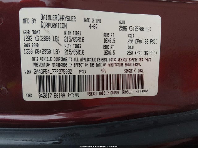 Продажа на аукционе авто 2007 Chrysler Town & Country Touring, vin: 2A4GP54L77R275032, номер лота: 44574857