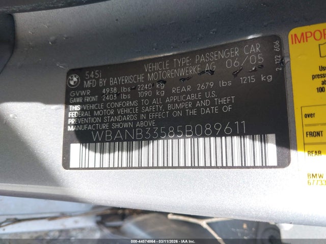 2005 BMW 545I WBANB33585B089611 Photo 8