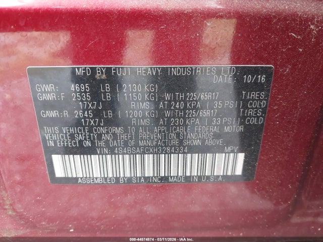Aukcja sprzedaży 2017 Subaru Outback 2.5i Premium, vin: 4S4BSAFCXH3284334, numer aukcji: 44574874