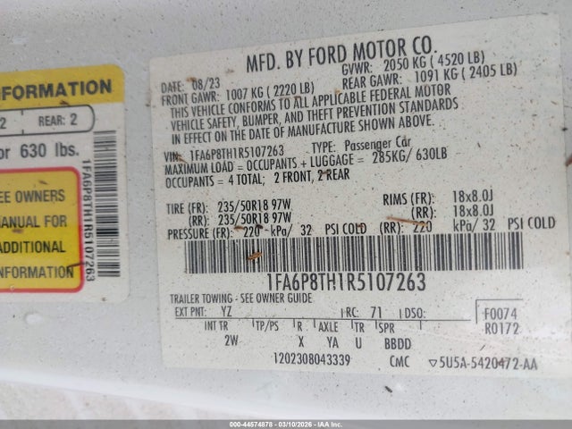 2024 Ford Mustang Ecoboost Fastback მანქანა იყიდება აუქციონზე, vin: 1FA6P8TH1R5107263, აუქციონის ნომერი: 44574878