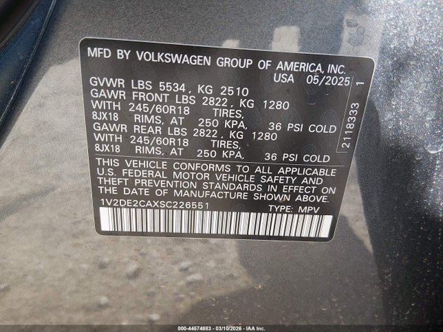 44574883 :رقم المزاد ، 1V2DE2CAXSC226551 vin ، 2025 Volkswagen Atlas Cross Sport 2.0t Se مزاد بيع
