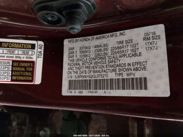 44574889 :رقم المزاد ، 5J6RM4H52GL075210 vin ، 2016 Honda Cr-v Ex مزاد بيع