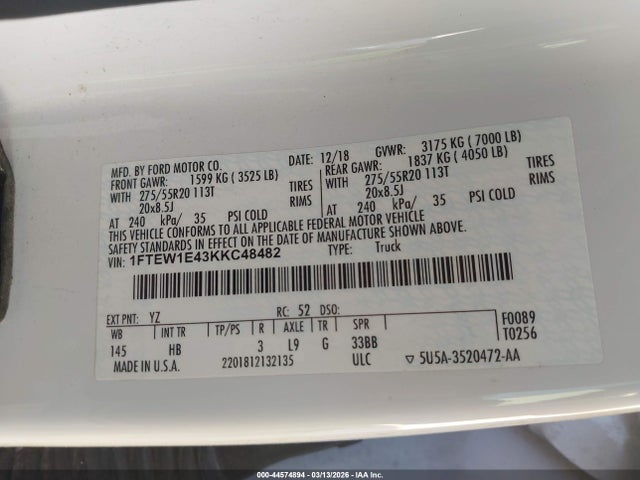 Aukcja sprzedaży 2019 Ford F-150 Lariat, vin: 1FTEW1E43KKC48482, numer aukcji: 44574894