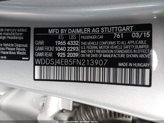 44574905 :رقم المزاد ، WDDSJ4EB5FN213907 vin ، 2015 Mercedes-benz Cla 250 مزاد بيع
