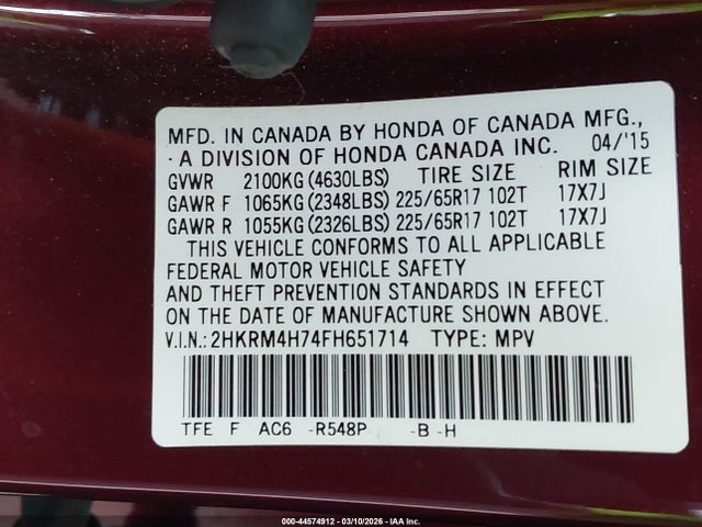 Honda Cr-v Ex-l 2015 2HKRM4H74FH651714 Image 9