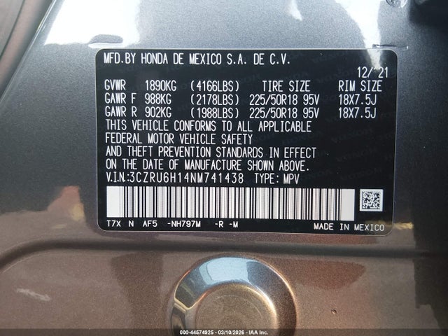 44574925 :رقم المزاد ، 3CZRU6H14NM741438 vin ، 2022 Honda Hr-v Awd Sport مزاد بيع