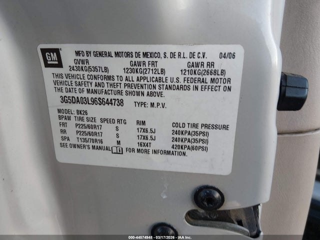 2006 Buick Rendezvous Cx მანქანა იყიდება აუქციონზე, vin: 3G5DA03L96S644738, აუქციონის ნომერი: 44574948