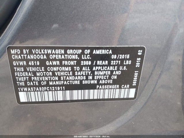 44575003 :رقم المزاد ، 1VWAS7A32FC121911 vin ، 2015 Volkswagen Passat 1.8t Limited Edition مزاد بيع