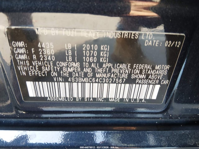 Aukcja sprzedaży 2012 Subaru Legacy 2.5i Premium, vin: 4S3BMBC64C3027567, numer aukcji: 44575012