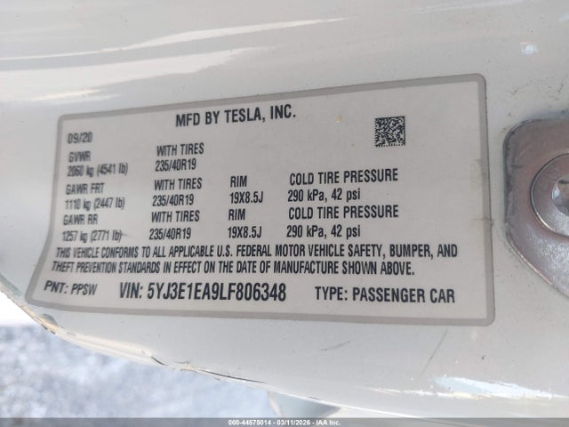 2020 Tesla Model 3 მანქანა იყიდება აუქციონზე, vin: 5YJ3E1EA9LF806348, აუქციონის ნომერი: 44575014