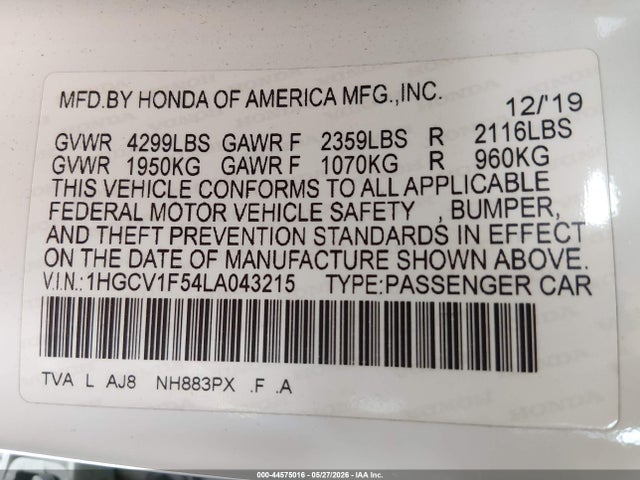 2020 Honda Accord Ex-l მანქანა იყიდება აუქციონზე, vin: 1HGCV1F54LA043215, აუქციონის ნომერი: 44575016