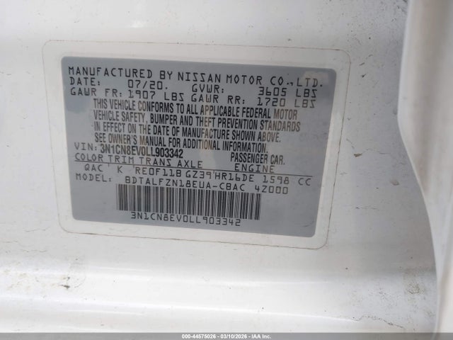 2020 Nissan Versa Sv Xtronic Cvt მანქანა იყიდება აუქციონზე, vin: 3N1CN8EV0LL903342, აუქციონის ნომერი: 44575026