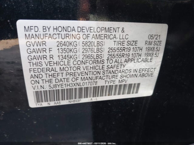 44575027 :رقم المزاد ، 5J8YE1H3XNL017078 vin ، 2022 Acura Mdx Standard مزاد بيع