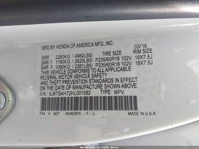 Aukcja sprzedaży 2017 Acura Rdx Advance Package, vin: 5J8TB4H72HL001582, numer aukcji: 44575056