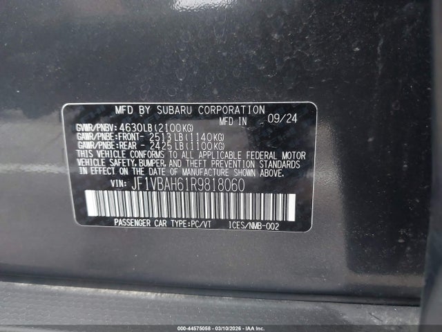 Продаж на аукціоні авто 2024 Subaru Wrx Premium, vin: JF1VBAH61R9818060, номер лоту: 44575058