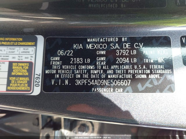 3KPF54AD9NE506607 KIA Forte Gt-line