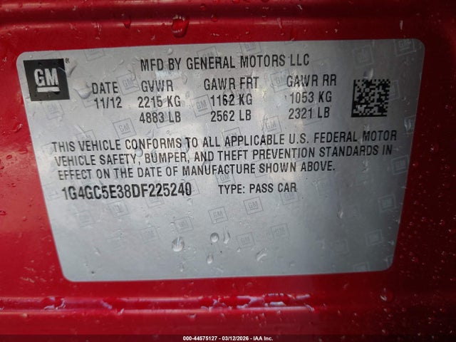 44575127 :رقم المزاد ، 1G4GC5E38DF225240 vin ، 2013 Buick Lacrosse Leather Group مزاد بيع