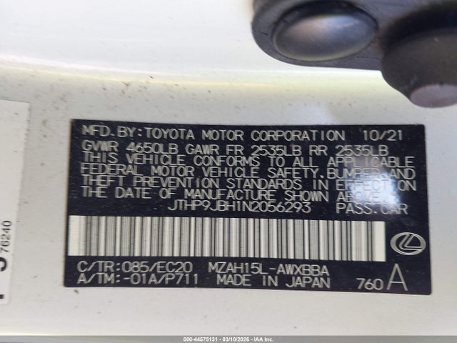 44575131 :رقم المزاد ، JTHP9JBH1N2056293 vin ، 2022 Lexus Ux 250h مزاد بيع
