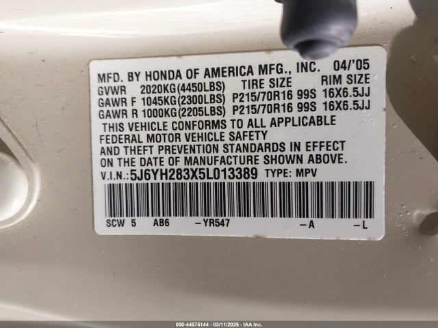 44575144 :رقم المزاد ، 5J6YH283X5L013389 vin ، 2005 Honda Element Lx مزاد بيع