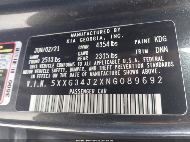 Aukcja sprzedaży 2022 Kia K5 Ex, vin: 5XXG34J2XNG089692, numer aukcji: 44575165
