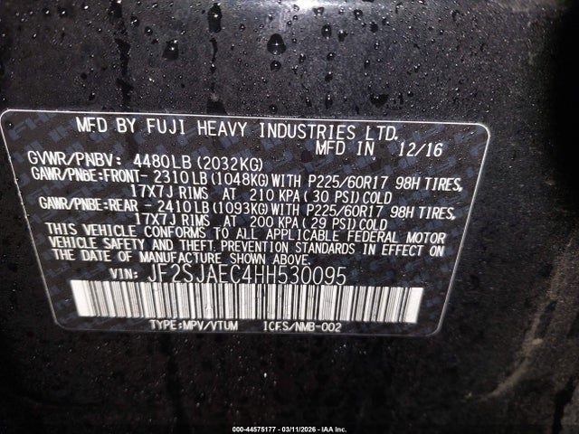 44575177 :رقم المزاد ، JF2SJAEC4HH530095 vin ، 2017 Subaru Forester 2.5i Premium مزاد بيع