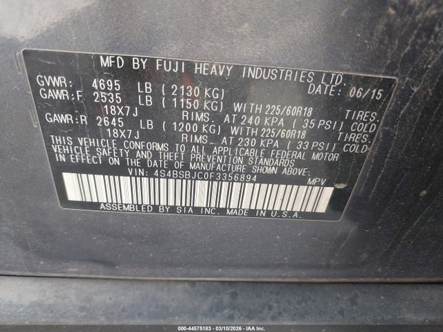 Subaru Outback 2.5i Limited 2015 4S4BSBJC0F3356894 Image 9
