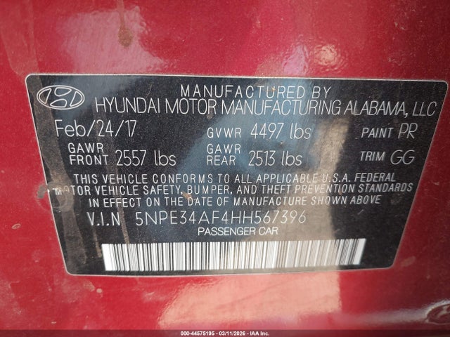44575195 :رقم المزاد ، 5NPE34AF4HH567396 vin ، 2017 Hyundai Sonata Sport مزاد بيع