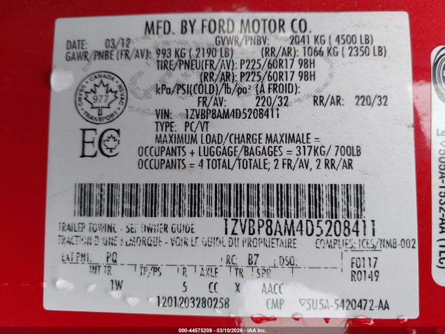 2013 Ford Mustang V6 მანქანა იყიდება აუქციონზე, vin: 1ZVBP8AM4D5208411, აუქციონის ნომერი: 44575209
