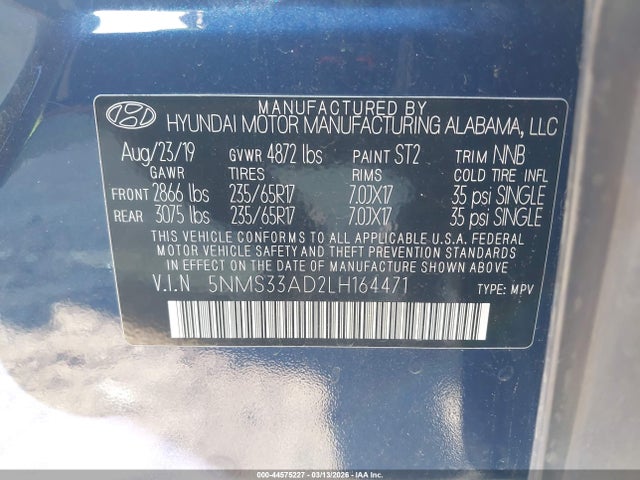 Продажа на аукционе авто 2020 Hyundai Santa Fe Sel, vin: 5NMS33AD2LH164471, номер лота: 44575227
