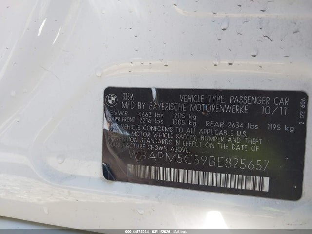 44575234 :رقم المزاد ، WBAPM5C59BE825657 vin ، 2011 Bmw 335i مزاد بيع
