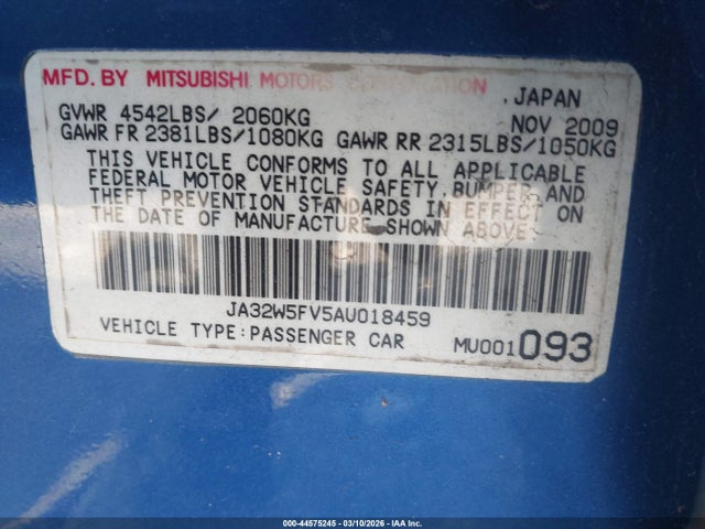 2010 MITSUBISHI LANCER EVOLUTION JA32W5FV5AU018459 Photo 8