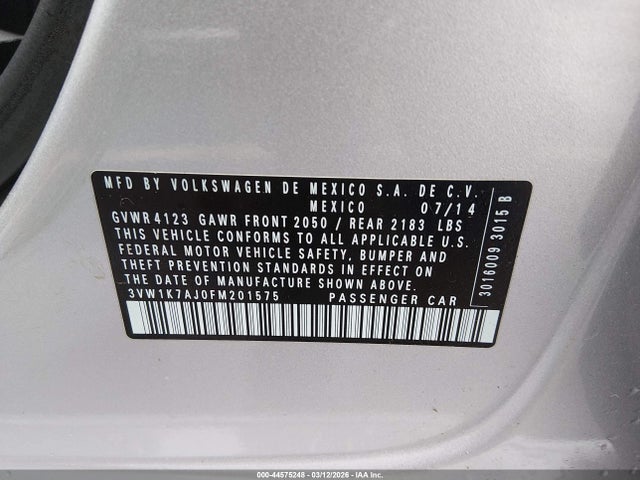 44575248 :رقم المزاد ، 3VW1K7AJ0FM201575 vin ، 2015 Volkswagen Jetta 2.0l S مزاد بيع