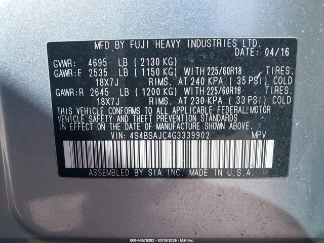 Продаж на аукціоні авто 2016 Subaru Outback 2.5i Limited, vin: 4S4BSAJC4G3339902, номер лоту: 44575282