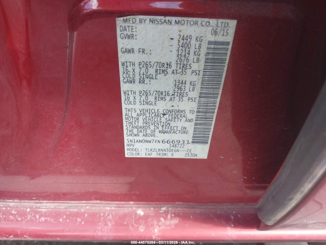 Aukcja sprzedaży 2015 Nissan Xterra S, vin: 5N1AN0NW7FN666931, numer aukcji: 44575284