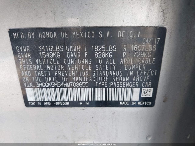 44575290 :رقم المزاد ، 3HGGK5H54HM708655 vin ، 2017 Honda Fit Lx مزاد بيع