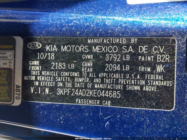 2019 Kia Forte Lxs მანქანა იყიდება აუქციონზე, vin: 3KPF24AD2KE044685, აუქციონის ნომერი: 44575310