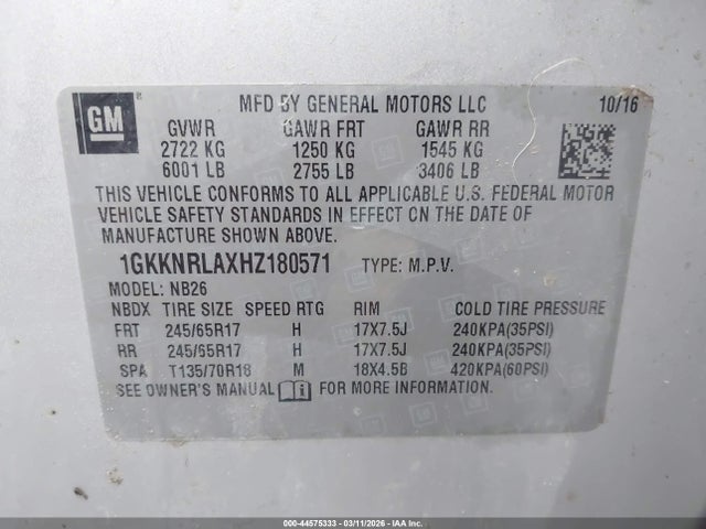 Aukcja sprzedaży 2017 Gmc Acadia Sle-1, vin: 1GKKNRLAXHZ180571, numer aukcji: 44575333