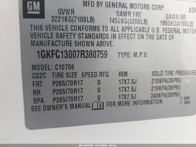 Aukcja sprzedaży 2007 Gmc Yukon Slt, vin: 1GKFC13007R380759, numer aukcji: 44575363