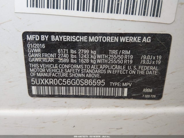 Продаж на аукціоні авто 2016 Bmw X5 Xdrive35i, vin: 5UXKR0C56G0S86595, номер лоту: 44575379